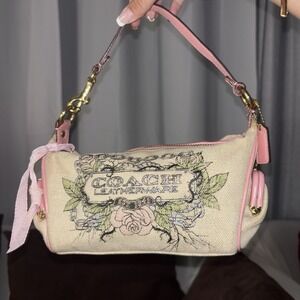 Vtg Coach Tattoo Kisslock Bag Limited Ed Handbag Purses Pink Beige Floeer canvas